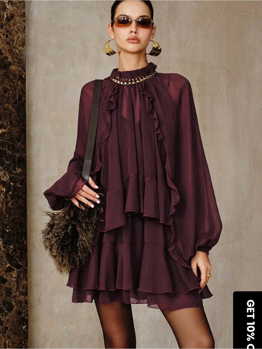 Commense chocolate Ruffle Chiffon Mini Dress with liner